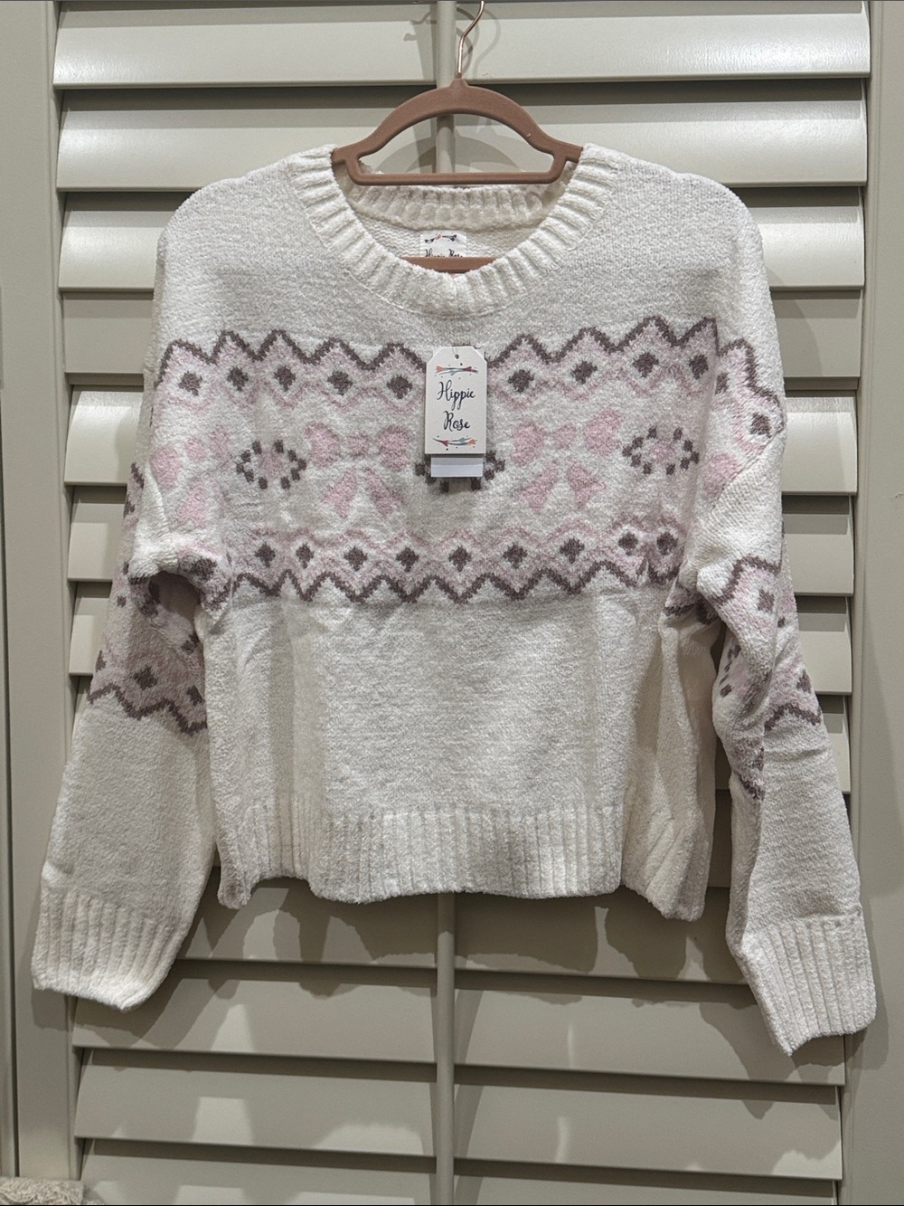 Hippie Rose Cream Sweater with Pink & Light Brown Fair Isle Pattern